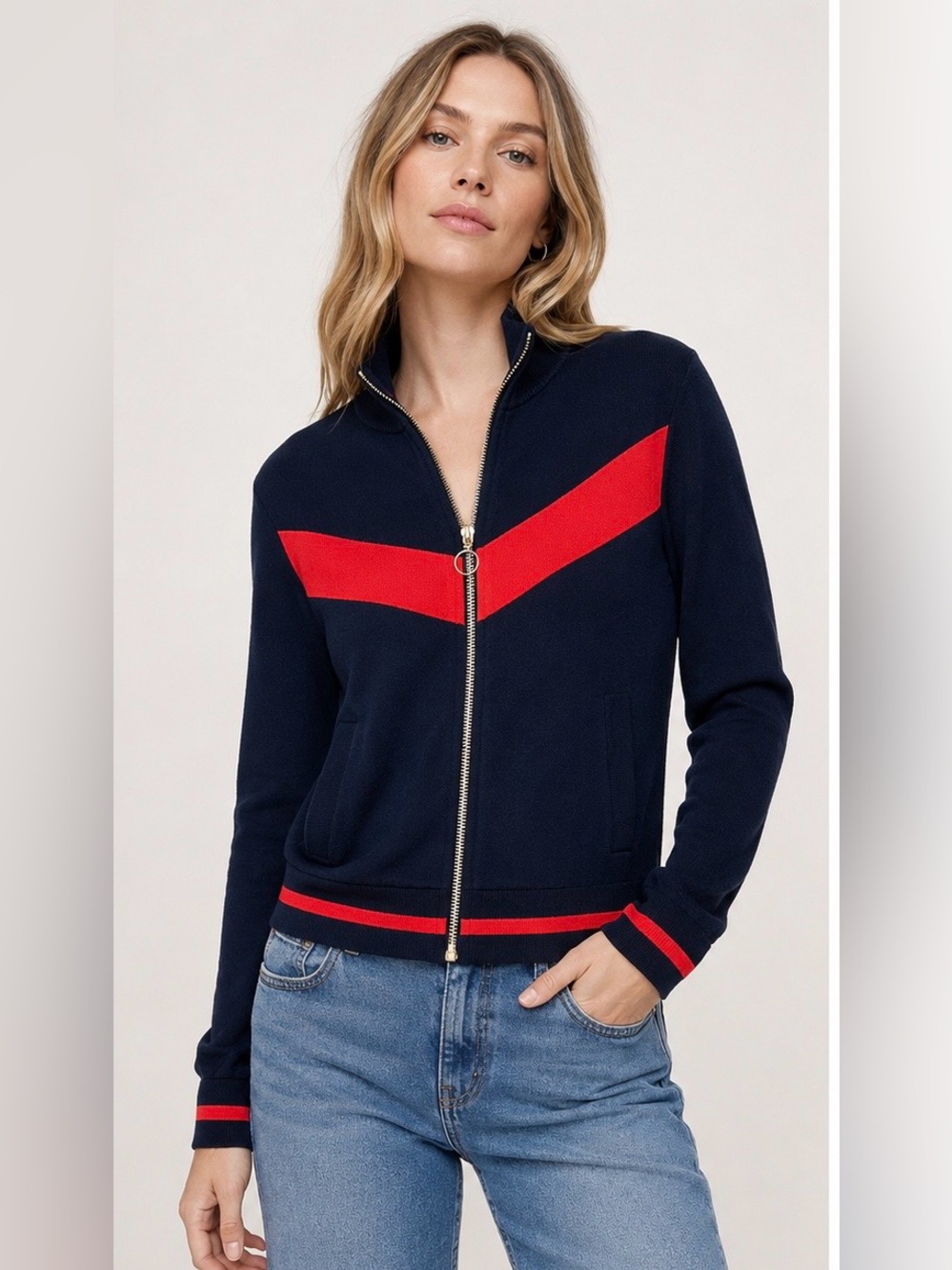 Banana Republic Women's Navy Blue and Red Zip Up Track Sweater Jacket XS NWOT